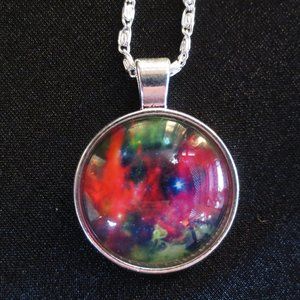 New World Glass Necklace Astro Galactic Cabochon Pendant Silver-tone Unisex 18"